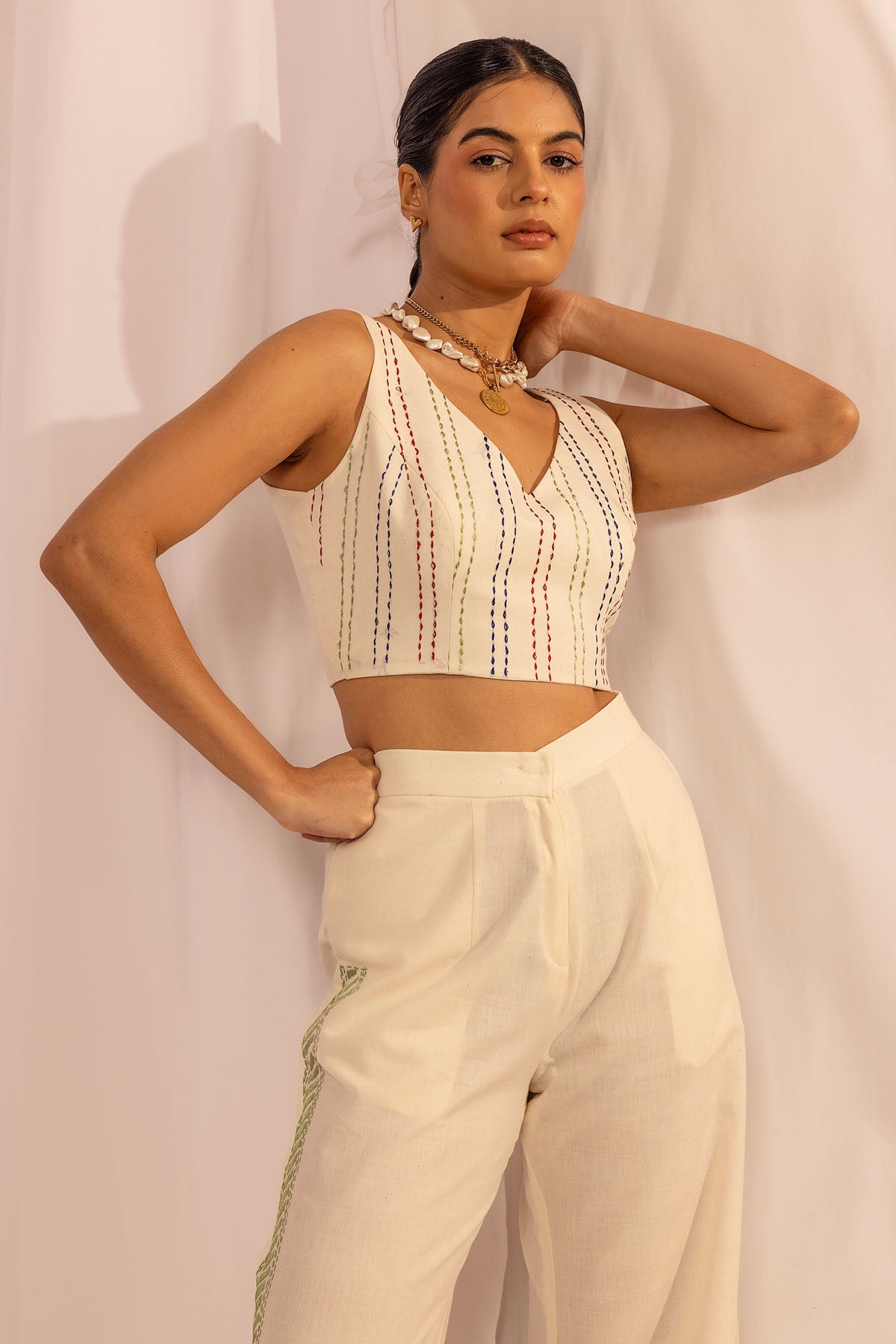 Buy The House of Ara Sunshine Staple: Kantha Stitch Crop Top At ScrollnShops